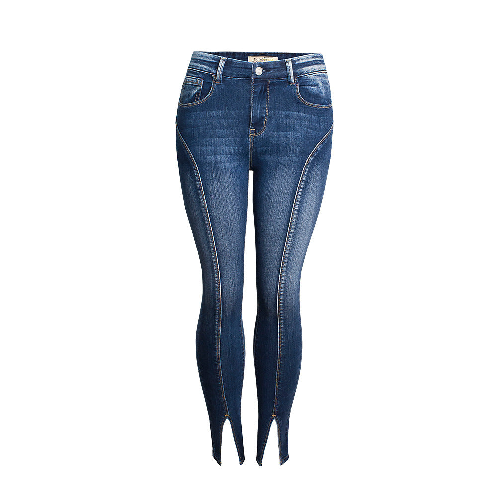 Jeans Nouveau Style Taille Mi-haute Ourlet Fendu Élastique Tendance Haute Qualité Lavé Neuf Points Jeans 