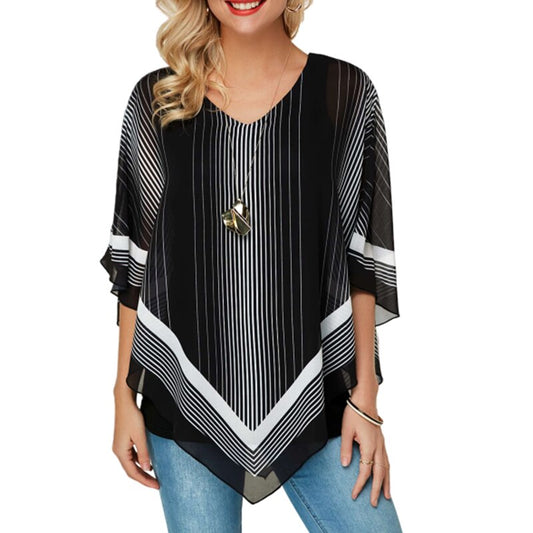 Summer New Women Chiffon Blouses V-Neck Collar Leisure Striped Blouse Shirt Casual Tops Plus Size Beach Smock S-5XL