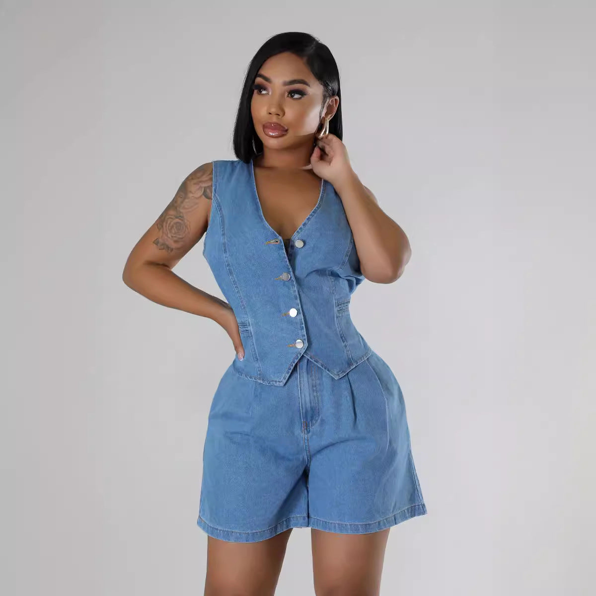 Fashion Casual Sleeveless High Waist Women's Denim Shorts Suit