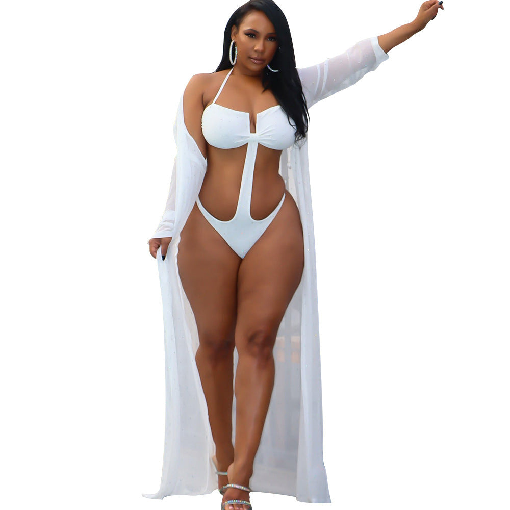 Rhinestone Long Sleeve Swimsuit Cape