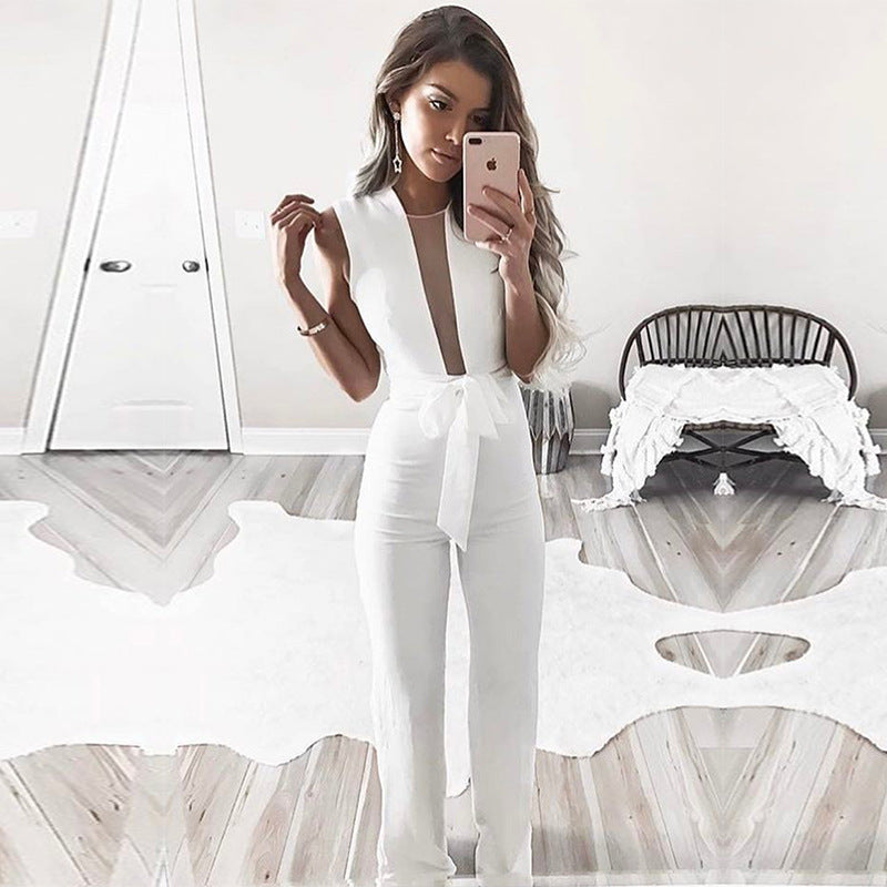 Sleeveless V-neck high waist straight jumpsuit