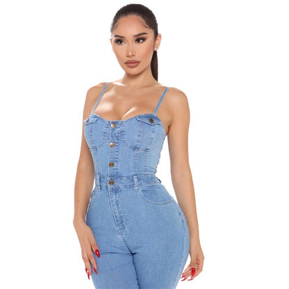 Casual Nightclub Women's High Elastic Denim Jumpsuit Summer