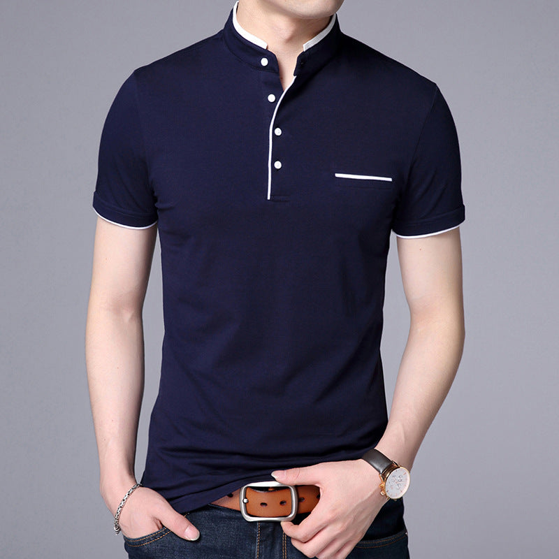 Casual solid color stand collar cotton short sleeves