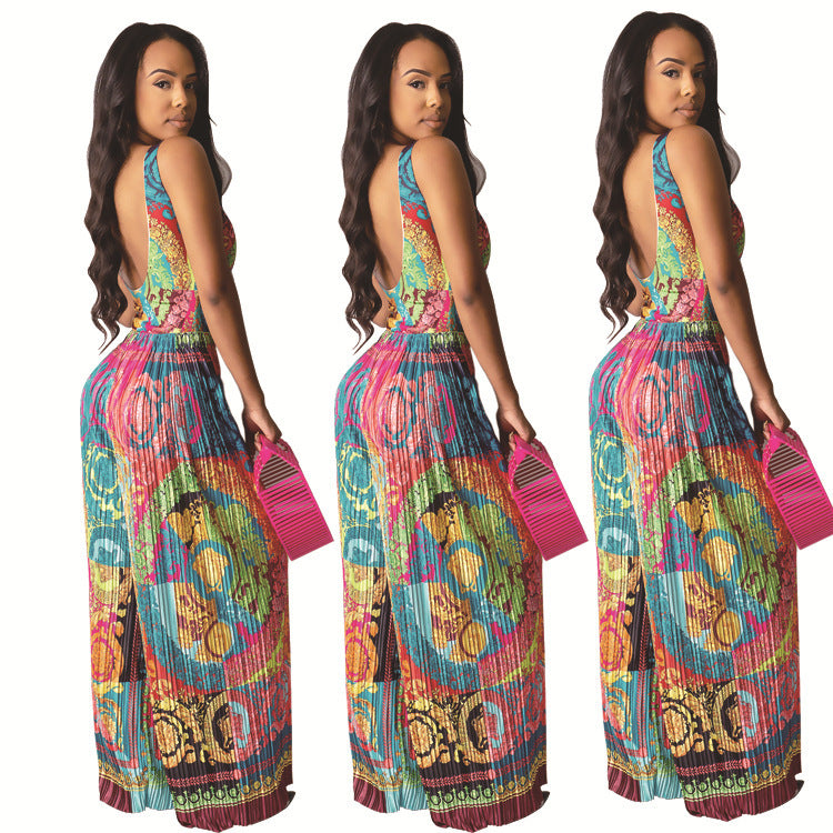 European and American Women's Printed Suspender Jumpsuit