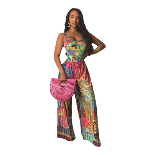 European and American Women's Printed Suspender Jumpsuit