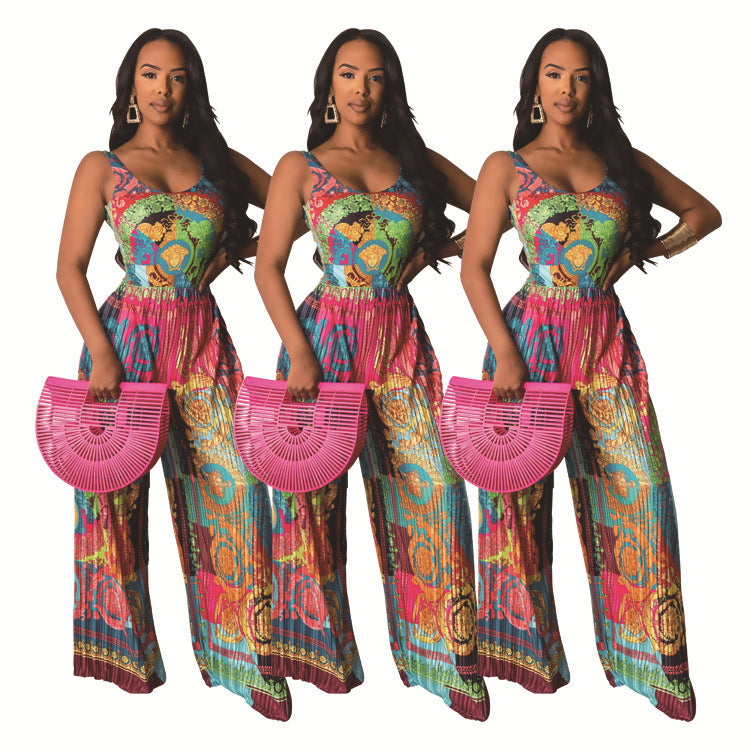 European and American Women's Printed Suspender Jumpsuit