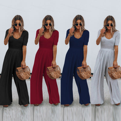 Ladies Fashion Solid Color Short Sleeve Wide Leg Loose Jumpsuit