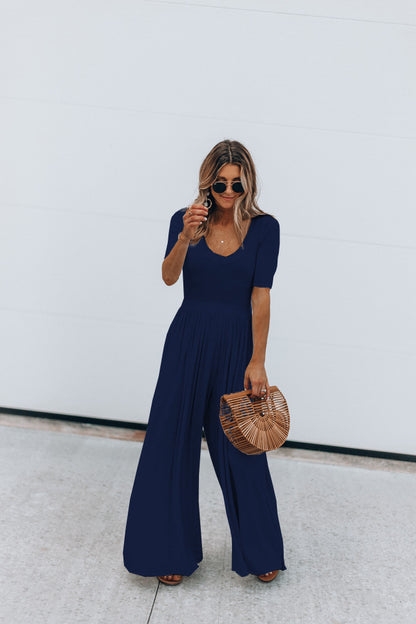 Ladies Fashion Solid Color Short Sleeve Wide Leg Loose Jumpsuit