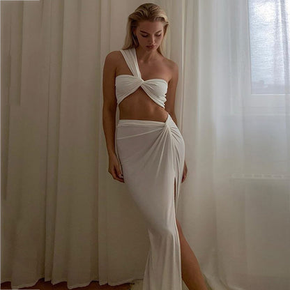 NewAsia Sexy Crop Top Side Split Long Skirts Two Piece Set Women Twist One Shoulder 2 Piece Sets Summer White Party Clothes