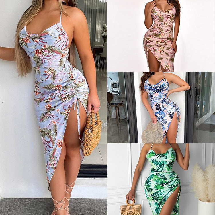 Cryptographic Floral Print Draped Sexy Backless Midi Dresses Club Party Summer Holiday Drawstring Ruched Women's Dress Vestido