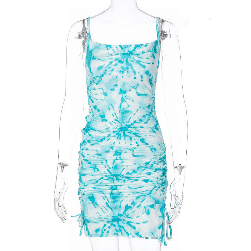 Ladies Drawstring Tie-dye Print Suspender Dress