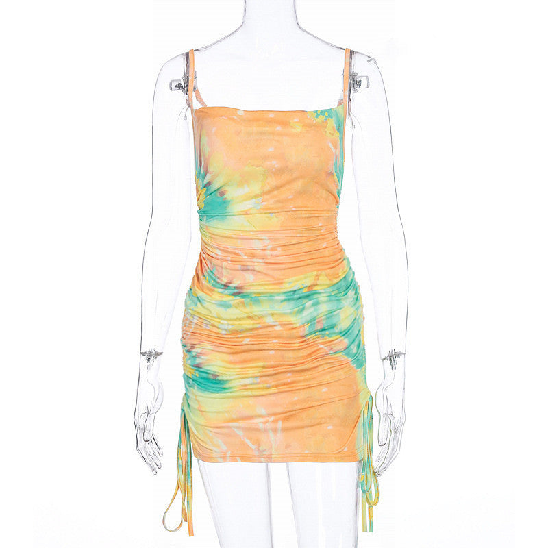 Ladies Drawstring Tie-dye Print Suspender Dress