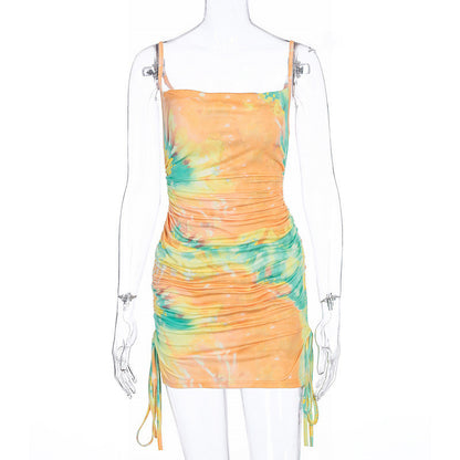 Ladies Drawstring Tie-dye Print Suspender Dress