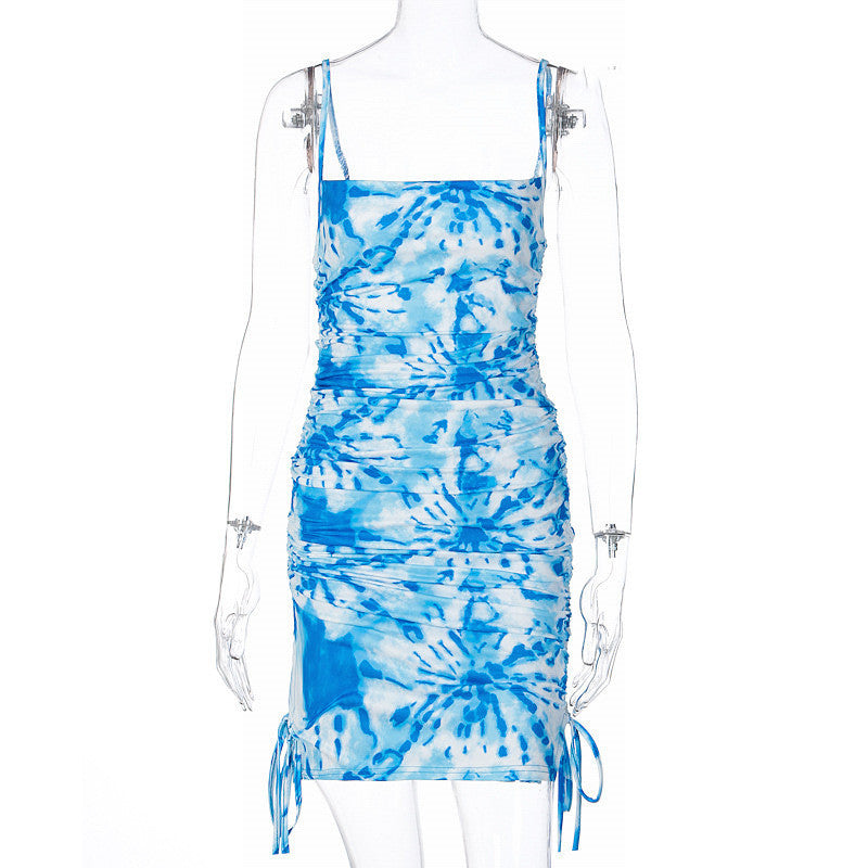 Ladies Drawstring Tie-dye Print Suspender Dress