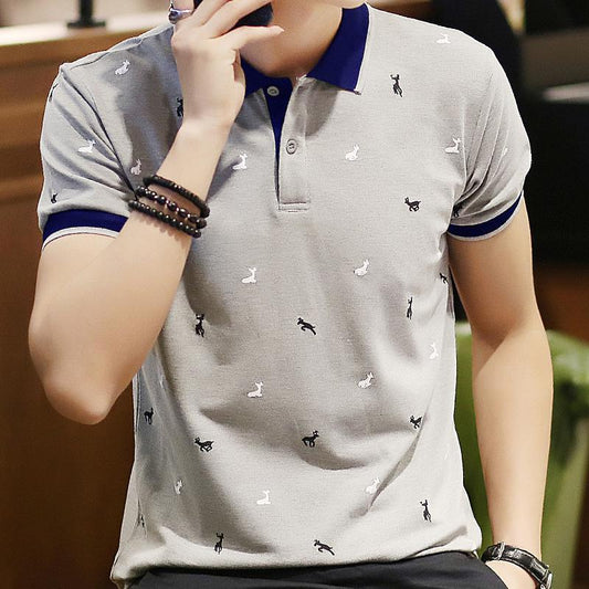 Short Sleeve T-shirt Men's One Summer Men''s Thin Polo Shirt Fawn Print Lapel T-Shirt Large