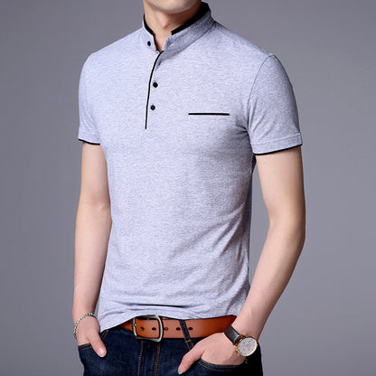 Casual solid color stand collar cotton short sleeves