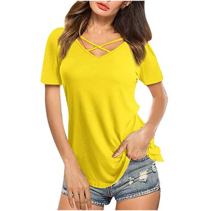 Front Cross VNeck Short Sleeve Loose TShirt Women