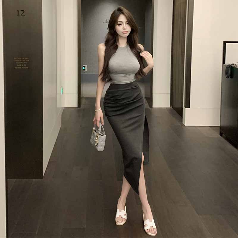 Sleeveless Tight Top Split Dress Suit Women