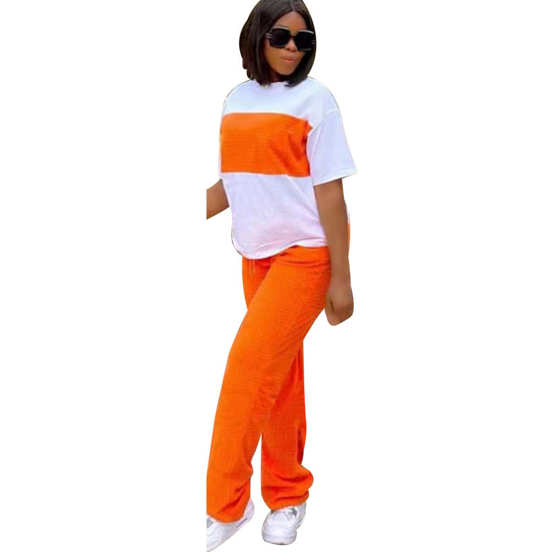 Women's Fashion Simple Long Pants Short-sleeved Two-piece Suit