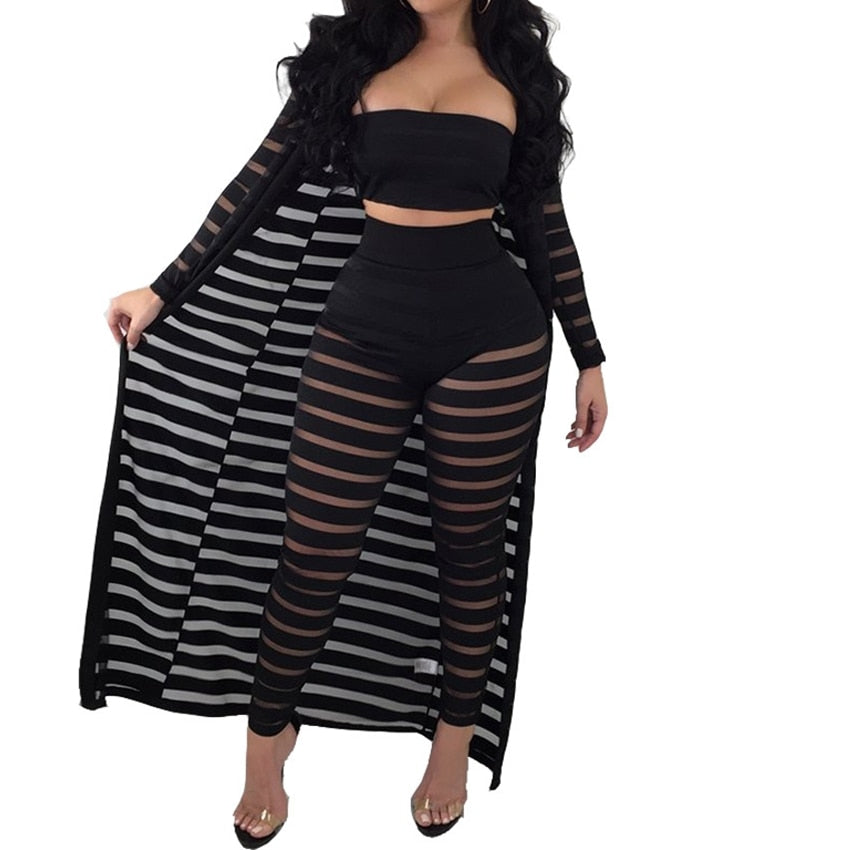 Big Size S-3xl Summer Tracksuit Hollow Out Stripe Overalls Sexy Women's Set Three Pieces Suits Jumpsuit Casual Nightclub Wear