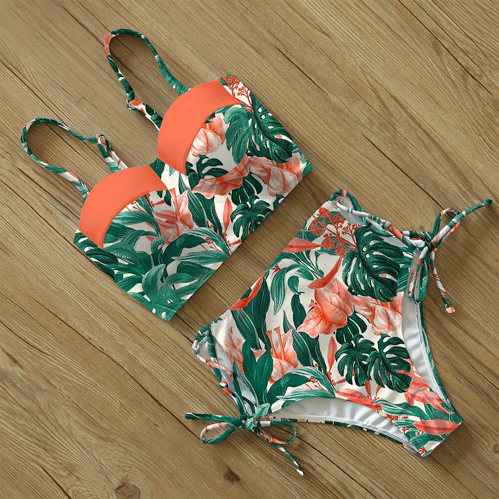 High Waist Swimwear New Leaf Print Bikinis Women Swimsuit Vintage Retro Bathing Suit Halter Biquini Maillot de bain femme