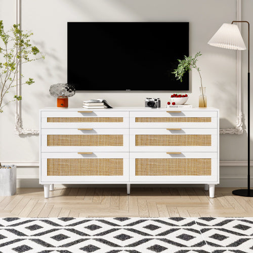 Rattan Dresser With Drawers, 6 Drawer Dresser For Bedroom, Clothes Storage Cabinet For Bedroom, Metal Handle&Wood Legs For Hallway, Living Room, Bedroom,White