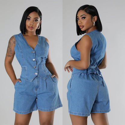 Fashion Casual Sleeveless High Waist Women's Denim Shorts Suit