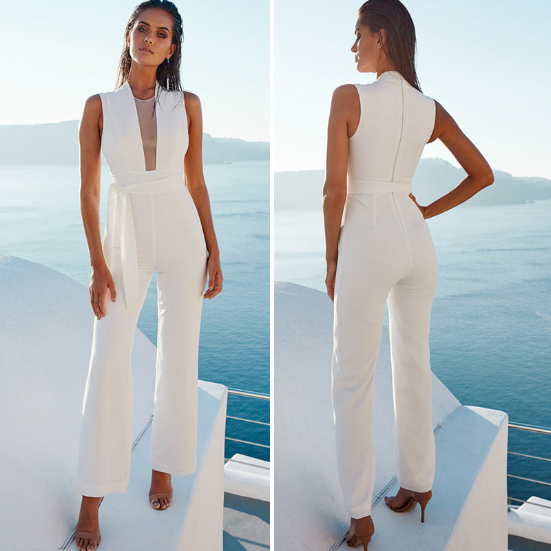 Sleeveless V-neck high waist straight jumpsuit