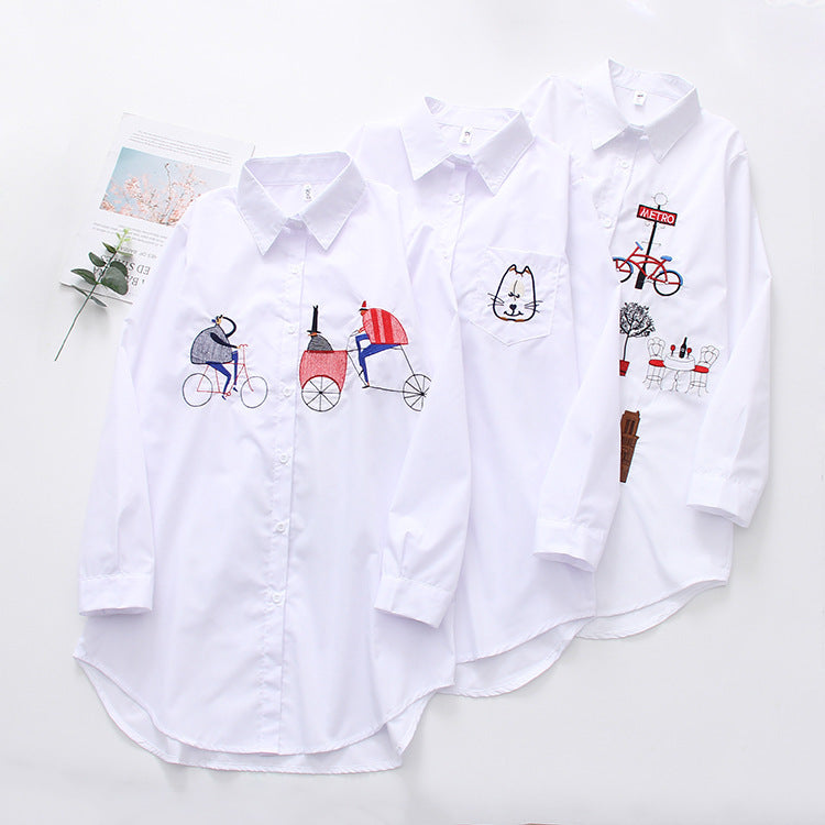 Embroidered white shirt long sleeve blouse