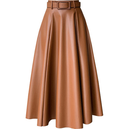 Jupe mi-longue en cuir taille haute pour femme