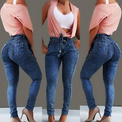 Jeans taille haute pour femmes, streetwear, bandage, denim, grande taille, pantalon crayon, jeans skinny