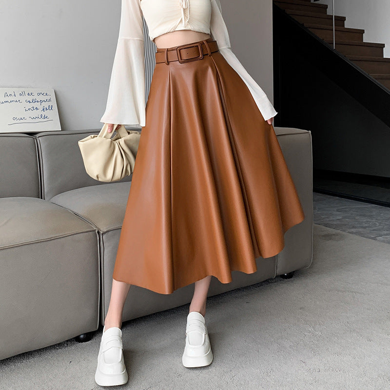 Women's A- Line High Waist Leather Skirt Midi Skirt