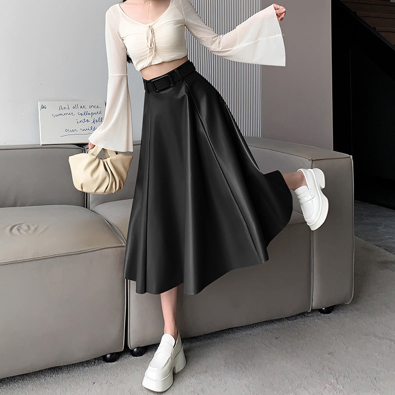 Women's A- Line High Waist Leather Skirt Midi Skirt