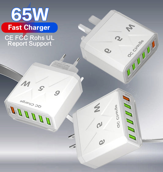 Standard 65W fast charging Korean standard mobile phone charger 6USB multi port fast charging head travel charger