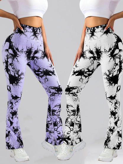 2 Pack Tie Dyed High Waisted Flared Butt-lifting Fitness Sports Women's Yoga Bell-bottom Pants, Workout Leggings For Women, Gym Scrunch Butt Butt Lifting Seamless Leggings