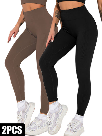 2 Pack Womens Seamless Ribbed Leggings Soft Slimming Yoga Pants, Ribbed Yoga Pants High Waisted Gym Leggings Sport Women Fitness Seamless Female