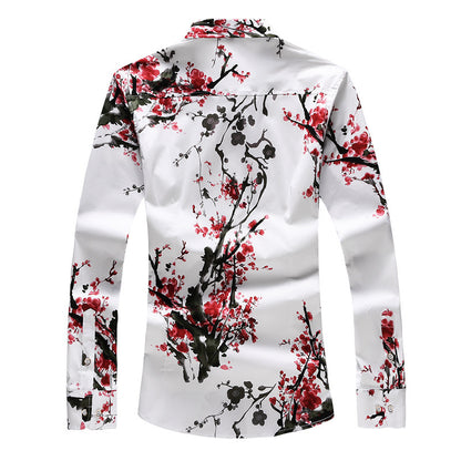 Men's Plus Size Satin Flower Long-sleeved Slim Fit Shirt