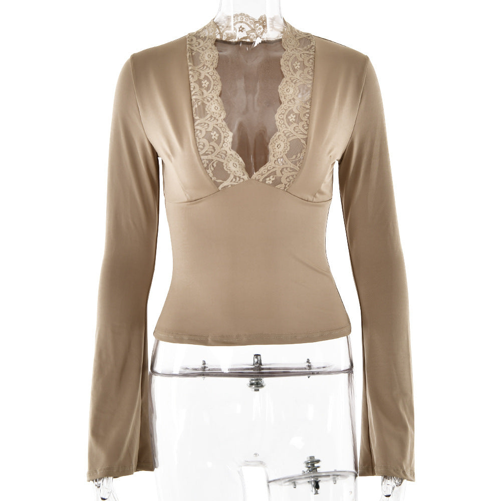 Bottoming Shirt Long Sleeve Slim Fit V-neck Stitching Lace Lace-collared Blouse