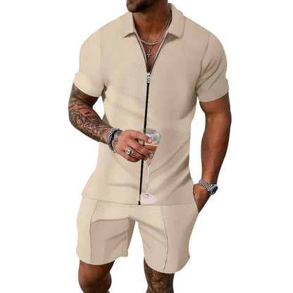 Men's European And American Zipper Short-sleeved Shorts Suit