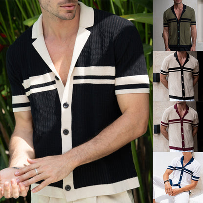 Men's Lapel Short Sleeve Color Matching Casual Shirt