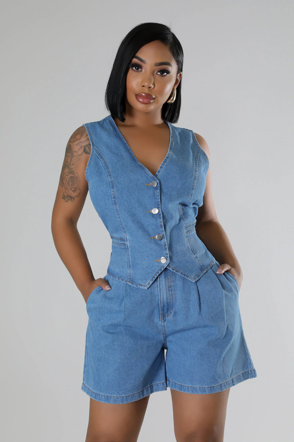 Fashion Casual Sleeveless High Waist Women's Denim Shorts Suit