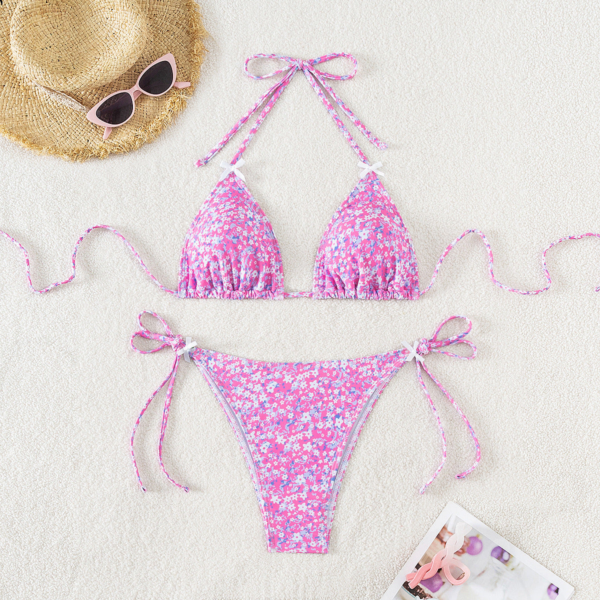 Maillot de bain bikini sexy à lacets avec bonnets triangles floraux pour femmes 