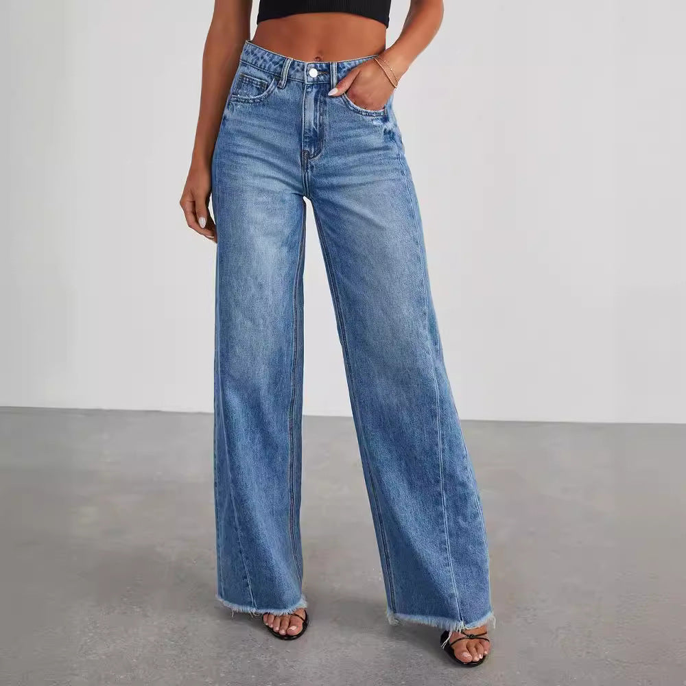 Loose wide leg side seam splicing, brushed hem denim jeans for women