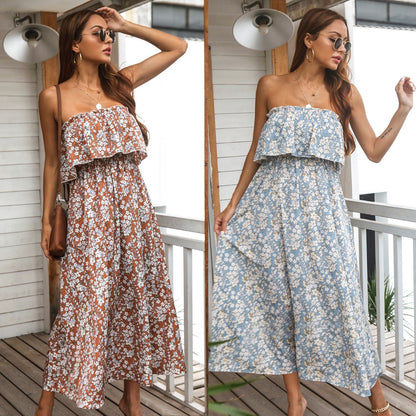 Fashion Casual Tube Top Holiday Print Dress Floral Dress