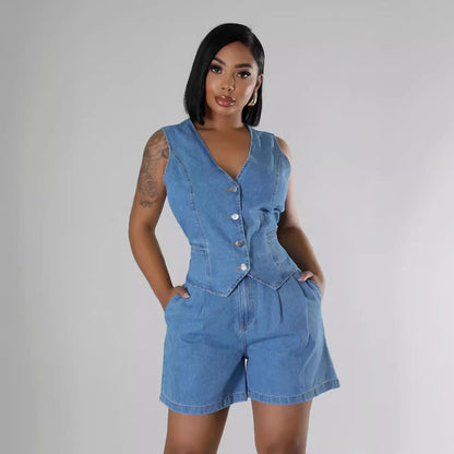 Fashion Casual Sleeveless High Waist Women's Denim Shorts Suit