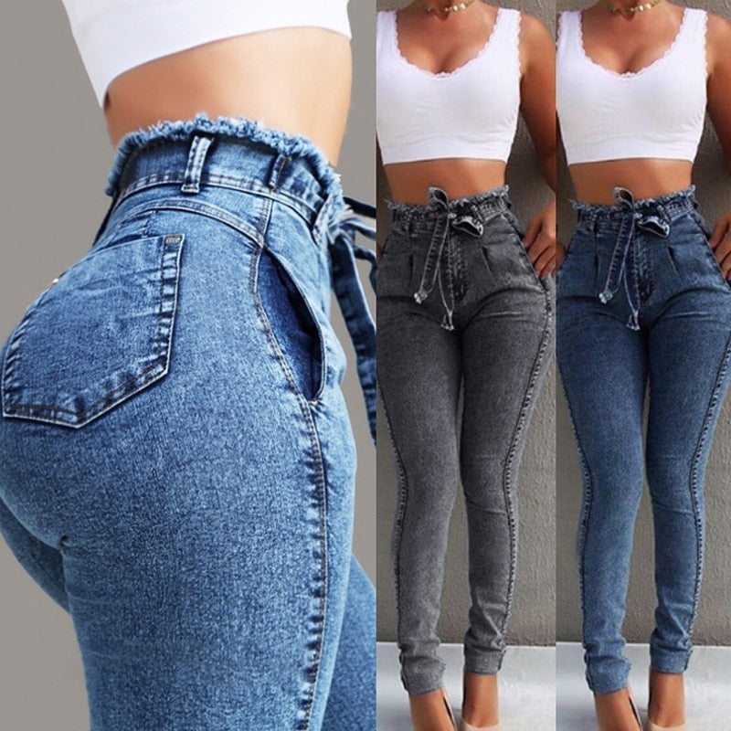 Jeans taille haute pour femmes, streetwear, bandage, denim, grande taille, pantalon crayon, jeans skinny