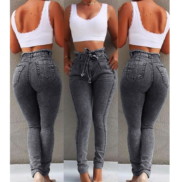 Jeans taille haute pour femmes, streetwear, bandage, denim, grande taille, pantalon crayon, jeans skinny