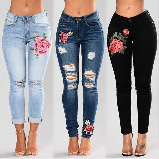 Jeans brodés extensibles pour femmes Jeans à fleurs élastiques Pantalon en denim slim pour femmes Trou déchiré Motif rose Jeans Pantalon Femme 