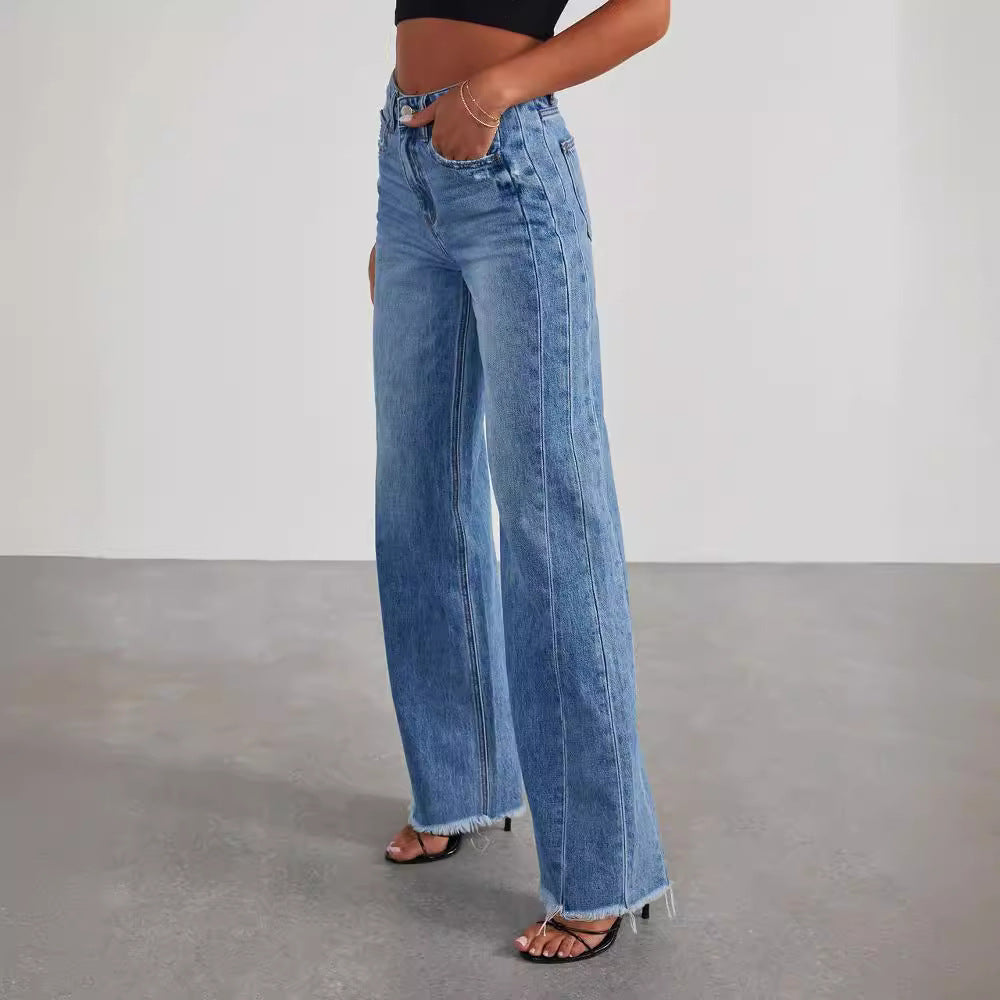 Loose wide leg side seam splicing, brushed hem denim jeans for women