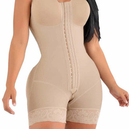 Body shaping jumpsuit with high weight mesh fabric long breasted zipper